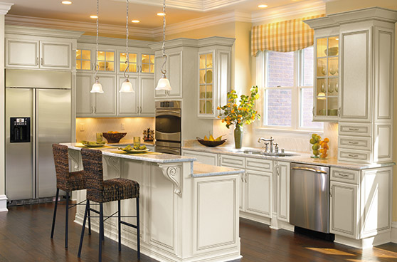 White wood kitchen with yellow accents